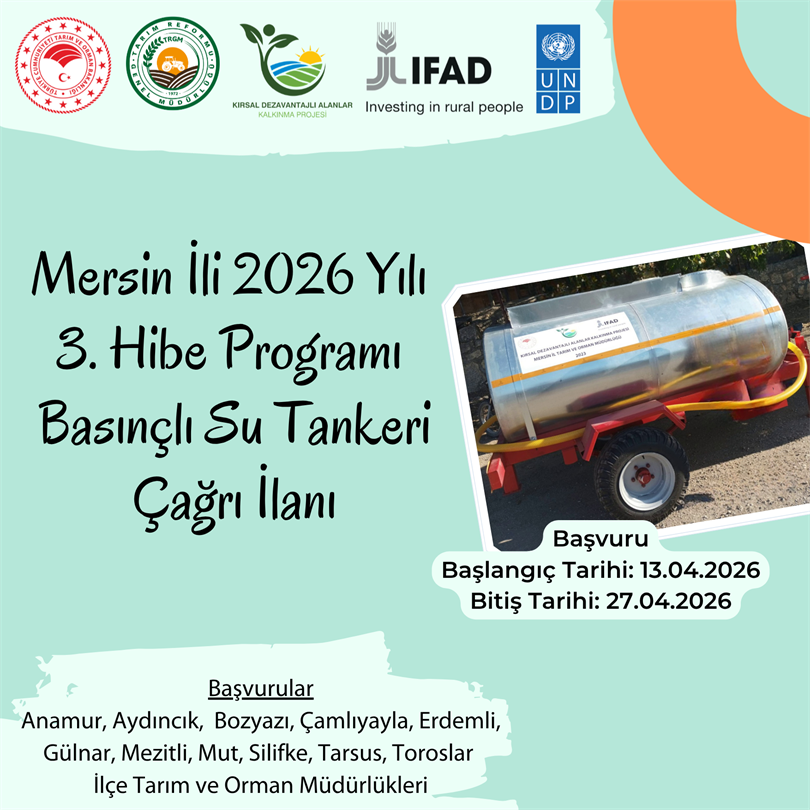 MERSİN İLİ 2026 YILI 3. HİBE PROGRAMI BASINÇLI SU TANKERİ HİBE ÇAĞRISI İLANI